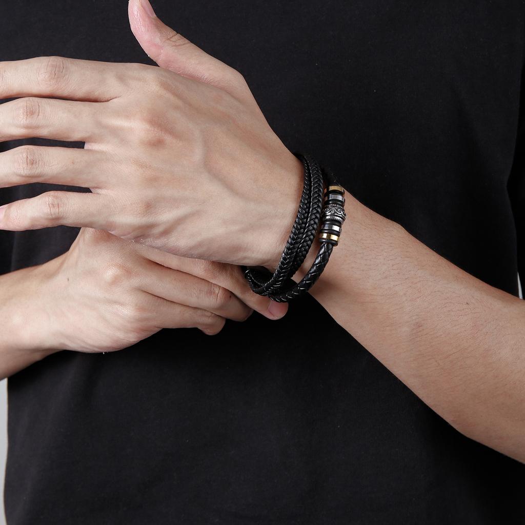 European and American Leather Hand-Woven Bracelet Leather Woven Multilayer Men'S Retro Stainless Steel Bracelet