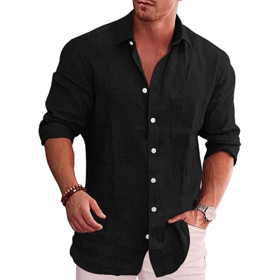 Men's Loose Solid Flax Polo Collar Long Sleeve Shirt Casual Men White Black Loose Shirts for Men Blouse