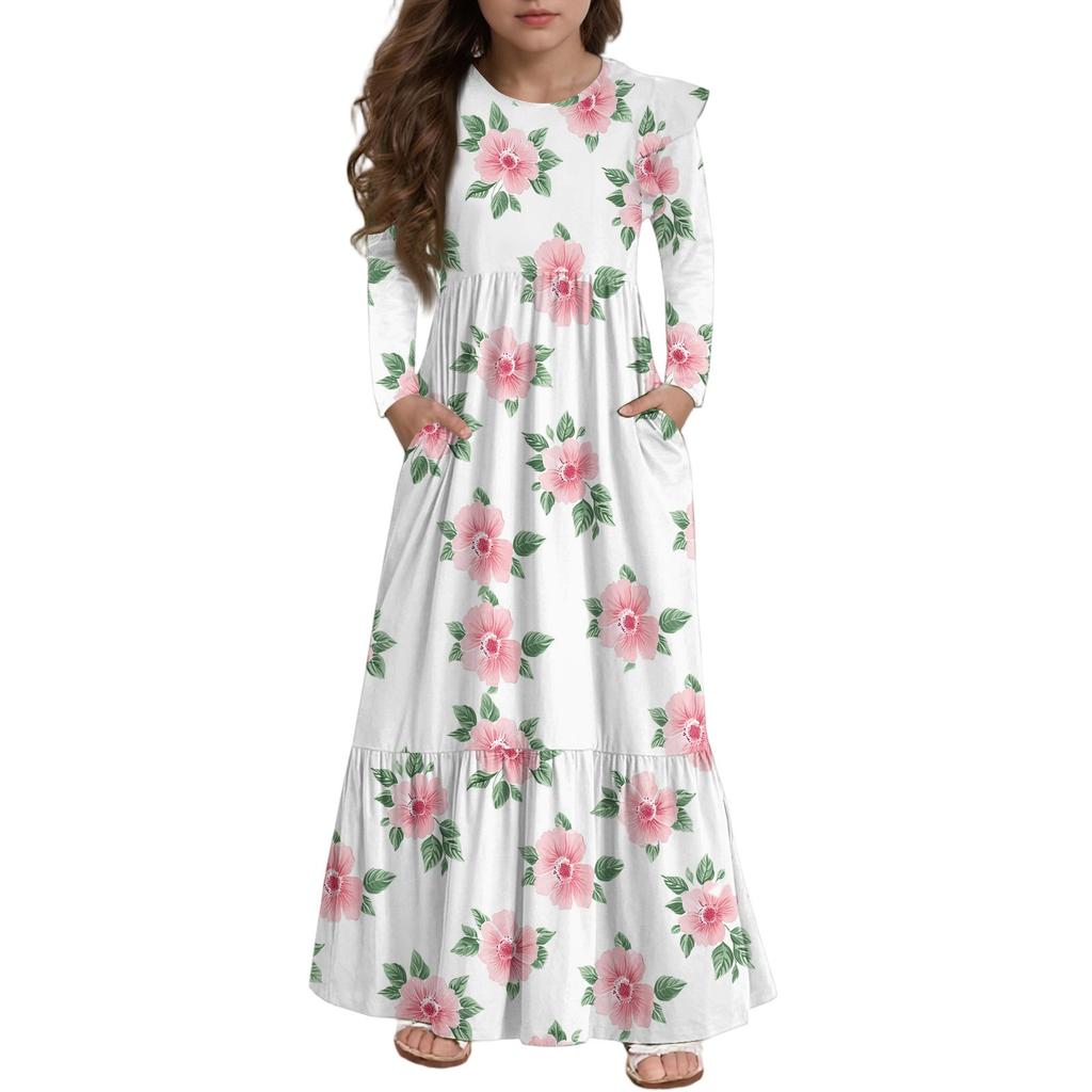 Girls' Tiered Ruffle Dress - Long Sleeve Printed Maxi With Pockets