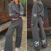 2 Pcs/Set Women Hoodie Pants Suit Bow Printing Hooded Long Sleeves Top Wide Leg Adjustable Waist Trousers Sport Outfit Autumn Winter Tracksuit