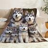 Cozy Husky Family Flannel Blanket – Soft & Warm Siberian Husky Print with Adorable Puppies, Perfect for Bedroom or Sofa Decor, All-Season Co