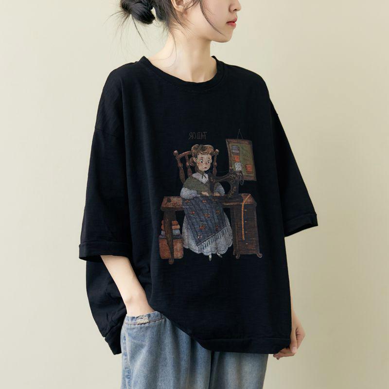 Summer T-shirt Cotton Loose Short-sleeved Retro Large Yards T-shirt Design Sense Niche Literary Print Tops