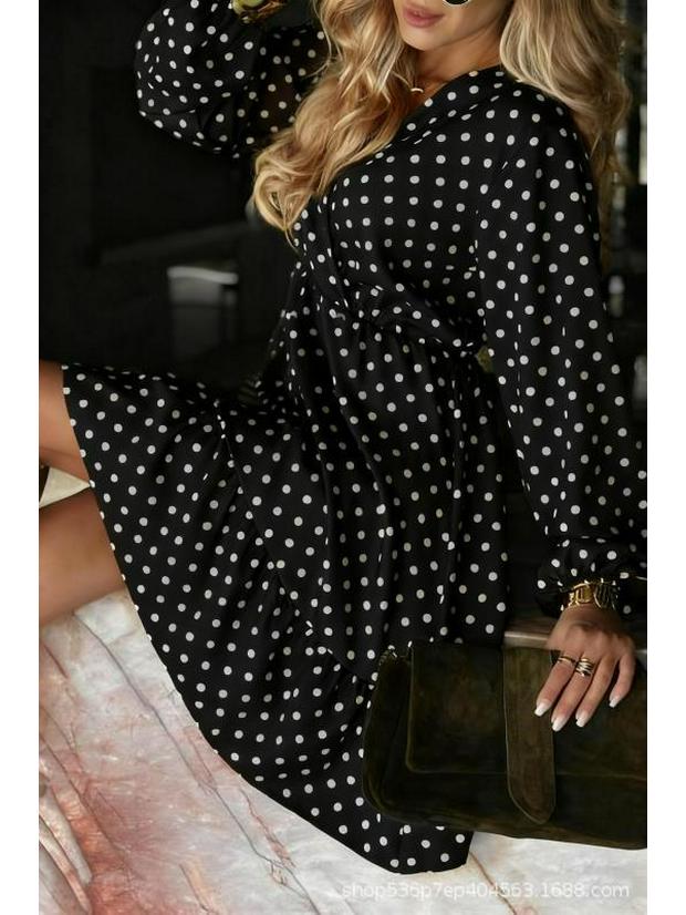 Модное женское свободное платье в горошек с длинным рукавом и плиссировкой