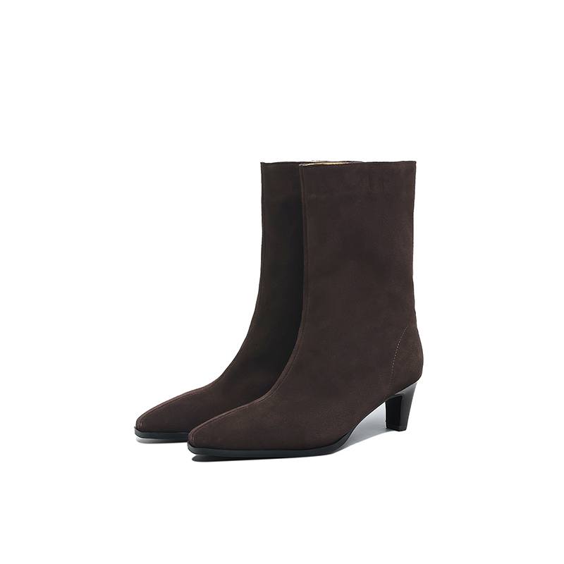 Krazing Pot Замша Нубук Осень Зима Обувь Толстый Высокий Каблук Большой Размер 43 Современные Сапоги Квадратный Носок Сохраняют Тепло Слипоны Сапоги до середины икры