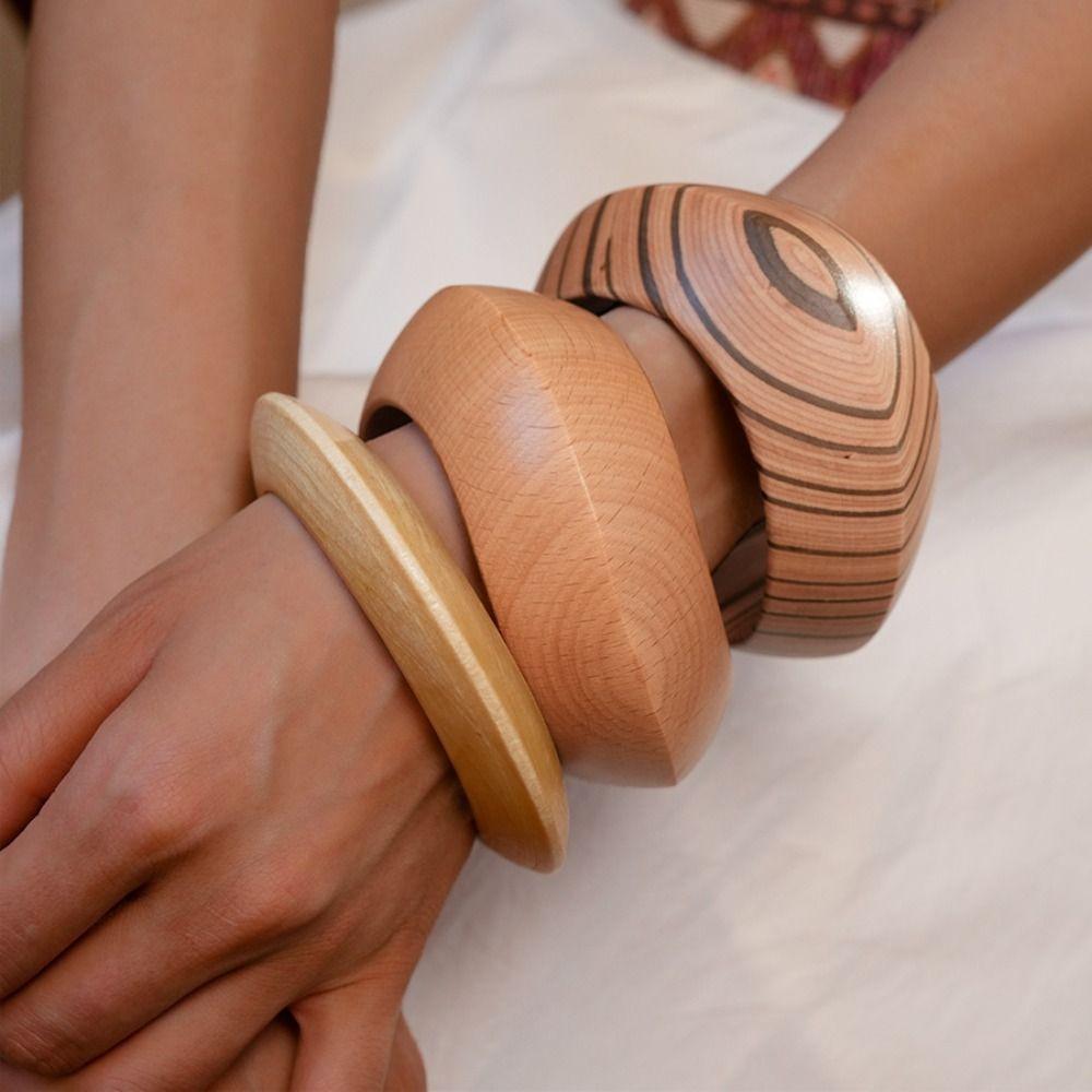 Europe American Style Wood Wide Bangle Minority Design Retro Hand Ring Women