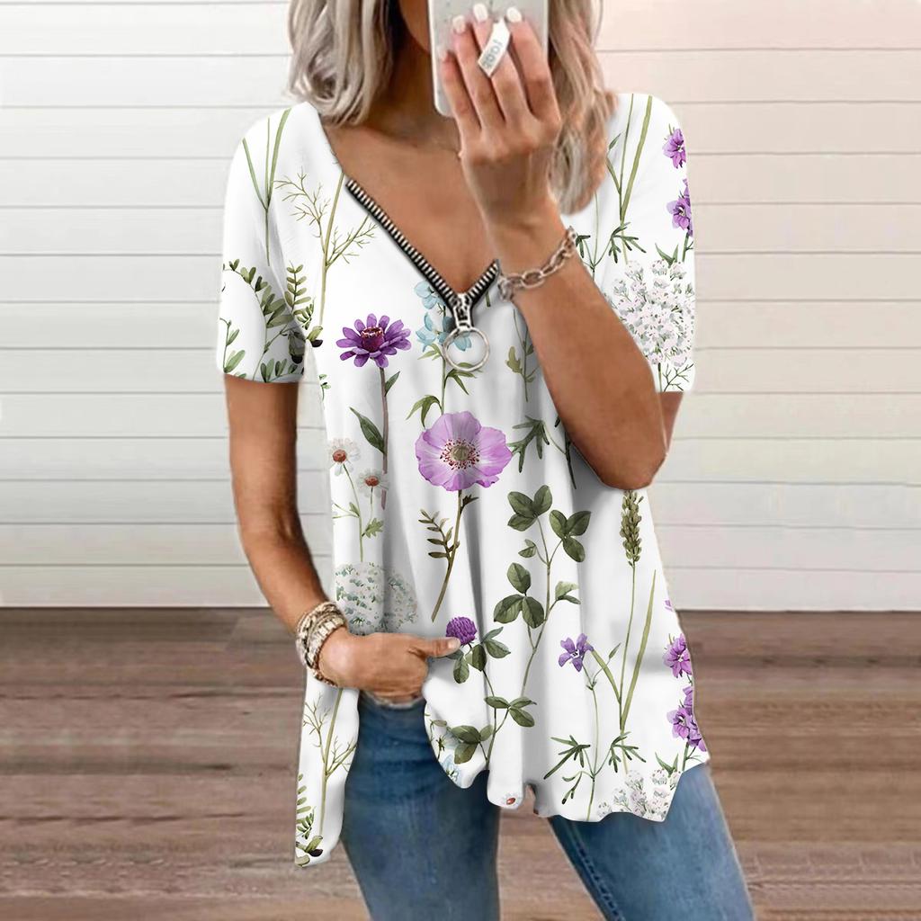 Женский топ, летний новый модный синий полый топ с цветочным принтом, повседневный топ на молнии с v-образным вырезом и короткими рукавами