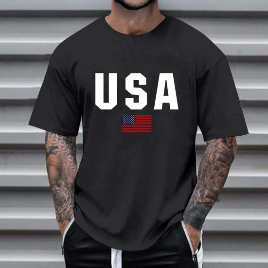 Men T-shirt Round Neck Short Sleeve Slim Fit Tee Shirt USA Pattern Versatile Tee Tops Running Fitness Tops Daily Wear