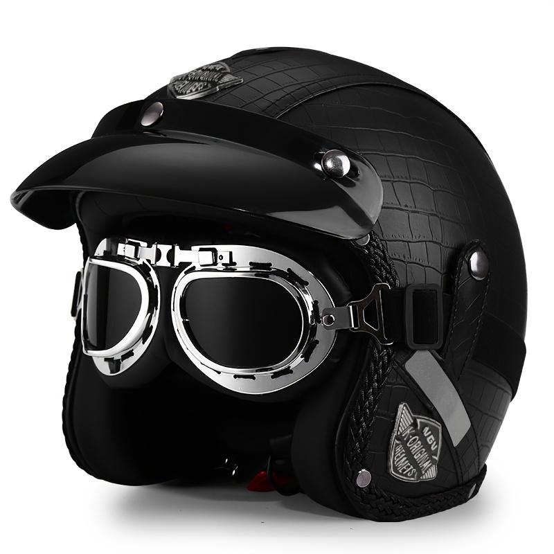 Ретро шлем для мотоцикла Harley 555-Черная кожаная маска для лица Ветровое стекло Четыре сезона Круизный мотоцикл Шлем три четверти