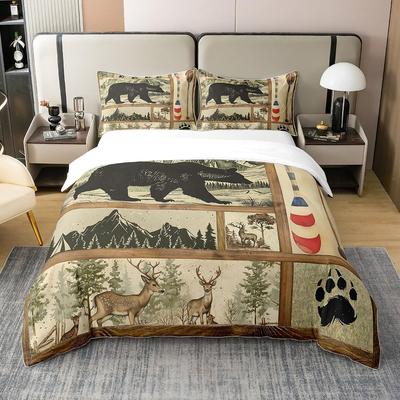 Пододеяльник Farmhouse Hunting Bear King Декор для дома у озера Одеяло Лесной Озеро Весло Постельное белье Олень Лось Дикая природа Комплект постельного белья