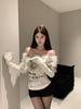 American Vintage Print Fur Stitched Tops Women 2000s Y2k One Shoulder T-shirt Thin Sweet Babes High Street Casual Base Layer Clothes
