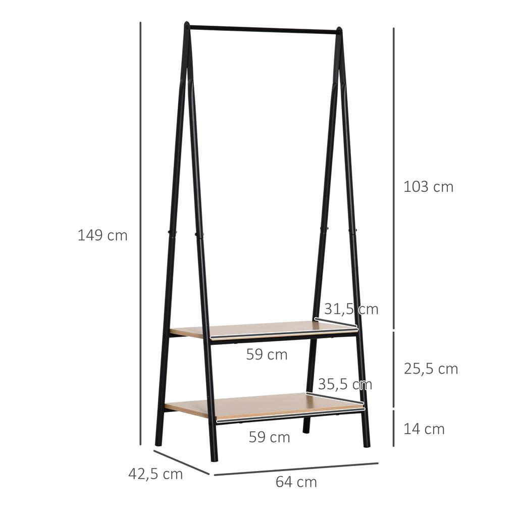 Clothes Rail, Freestanding Metal Clothes Rack with 2 Tier Storage Shelves for Bedroom and Entryway, 64 x 42.5 x 149 cm, Black Frame