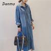 Danmo весна осень свободный однобортный джинсовый плащ женский винтажный однотонный длинный джинсовый ветровка