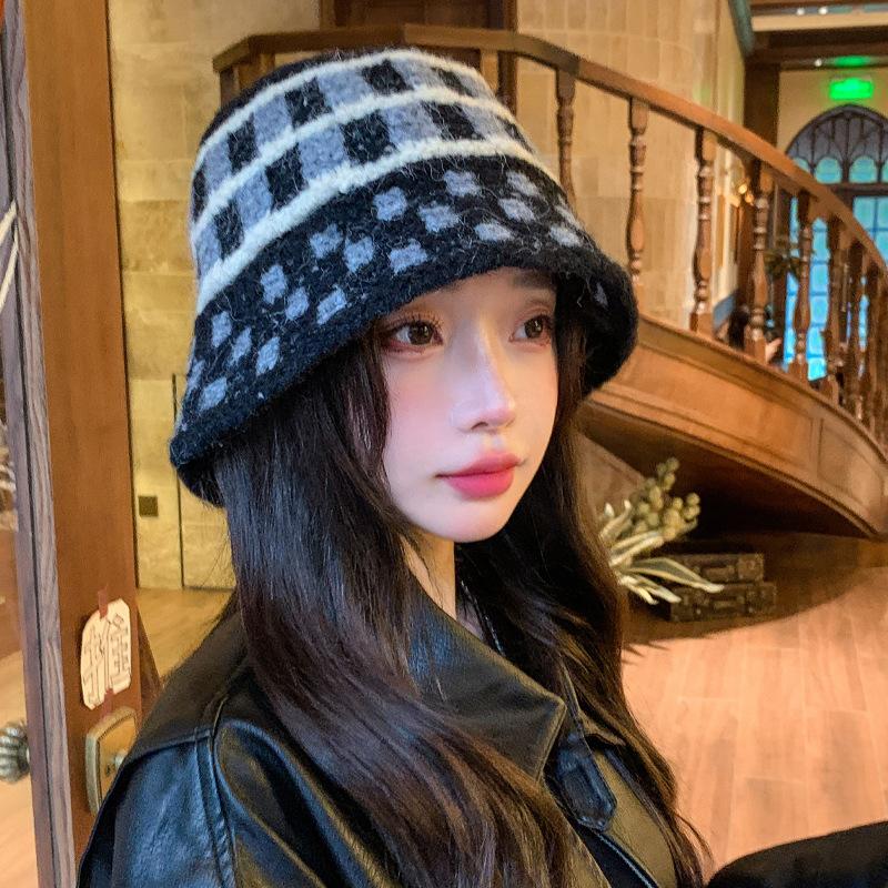 Новые осенне-зимние шляпы для женщин Модные клетчатые вязаные шерстяные шляпы Зимой теплые, закрывающие лицо, шляпа-ведро, шляпа-сумка, трендовые
