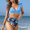 Женское бикини с высокой талией и принтом, разделенными рюшами и подкладкой на груди, купальник без стального бюстгальтера