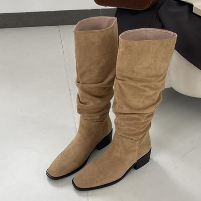 Модные Liyke Зимние Уличные Модные Ботильоны с квадратным носком из плиссированной искусственной замши с флоком до колена Женские Низкий толстый каблук Длинная женская обувь Размер 43