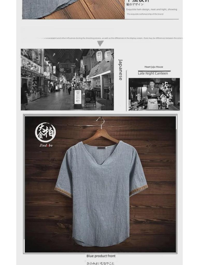 Мужская летняя корейская футболка из хлопка и льна с V-образным вырезом и коротким рукавом — дышащая, универсальная, модная, с коротким рукавом для больших размеров