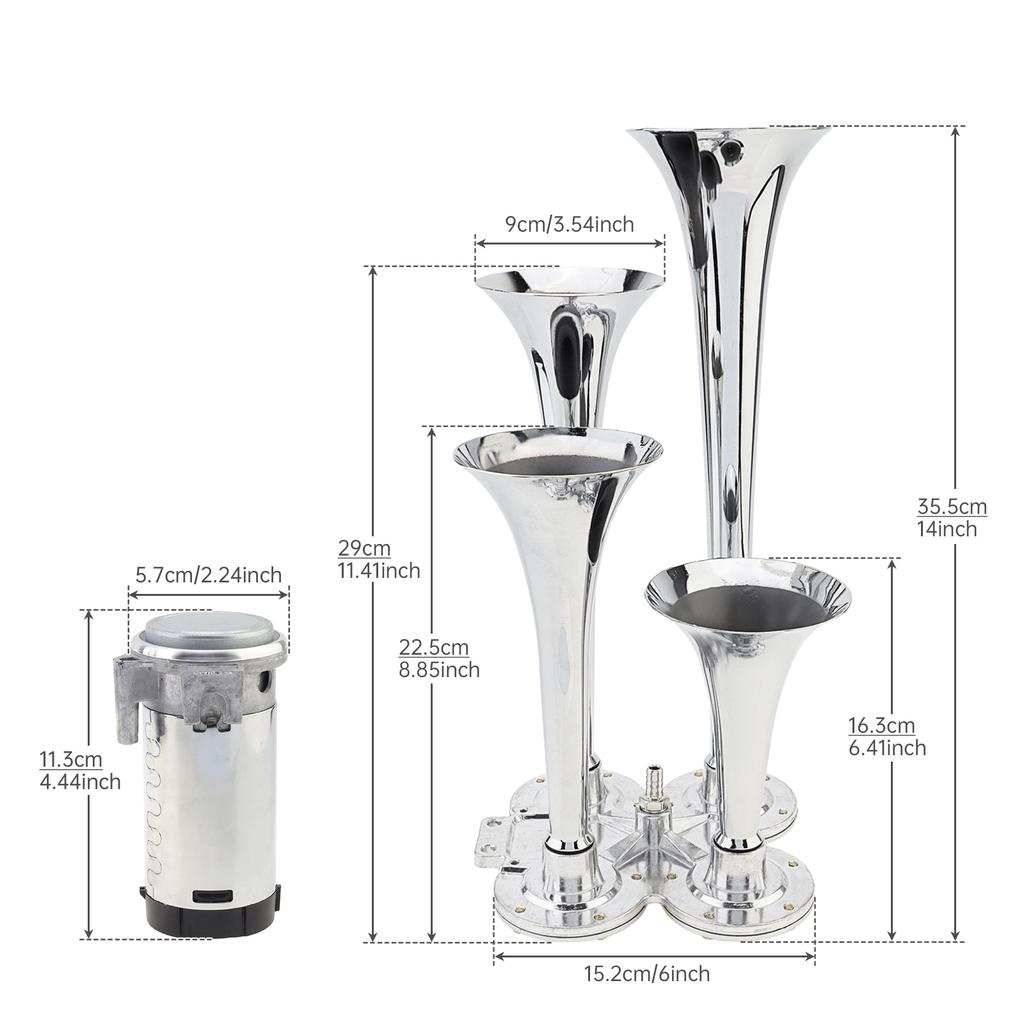 12 В 185 дБ Четырехтональный пневматический сигнал с компрессором - Серебристый музыкальный звук для грузовиков / автомобилей