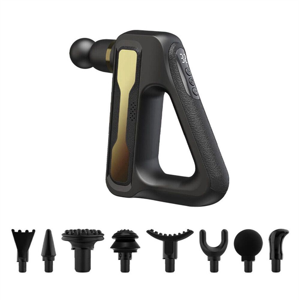 Новый ЖК-треугольный электрический массажный пистолет с ЖК-дисплеем, расслабляющий мышцы, 32-скоростной массаж глубоких тканей, постукивание по мышцам, упражнения для похудения, 8 массажных головок