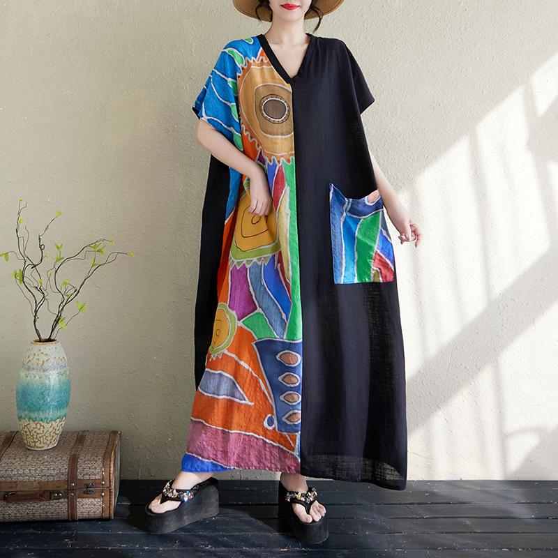 DIMANAF 2025 Летнее женское платье больших размеров Свободное платье с принтом Карманное элегантное базовое винтажное повседневное макси-платье