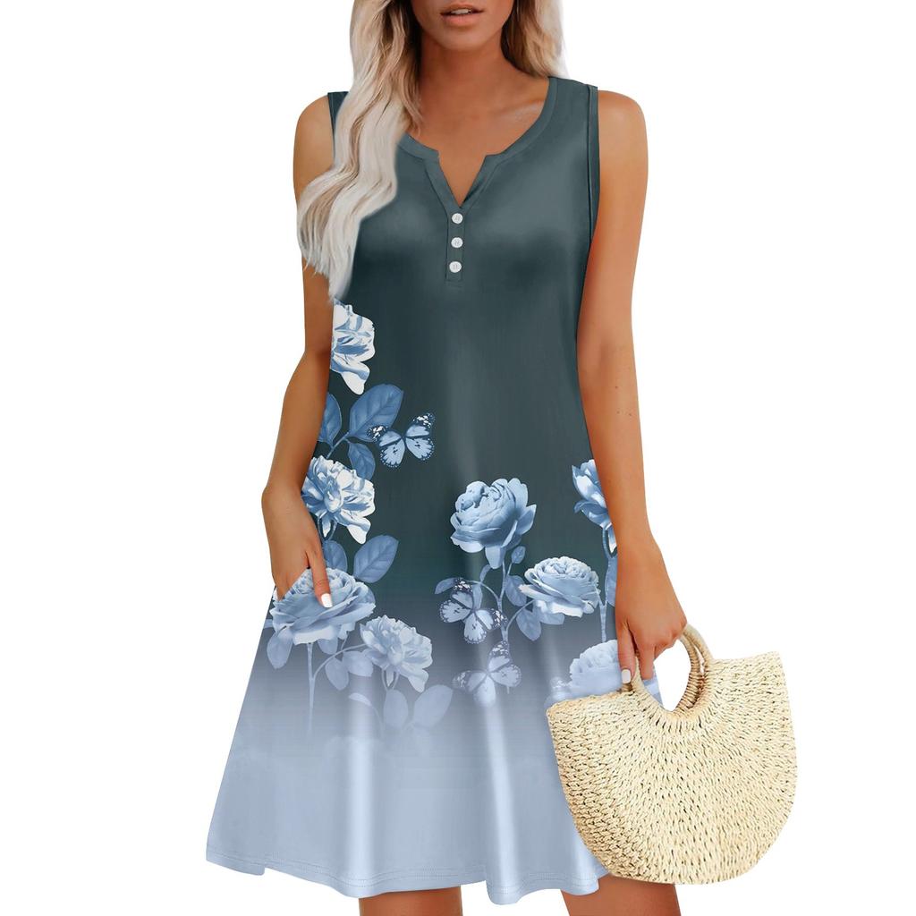 Женские летние платья Свободные сарафаны без рукавов с V-образным вырезом Платье с карманами