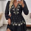 MODIQUE 2025 Summer New Ladies Elegant Retro Floral Embroidery Lantern Sleeve Deep V-Neck Elastic Waist Pleated Short Dress