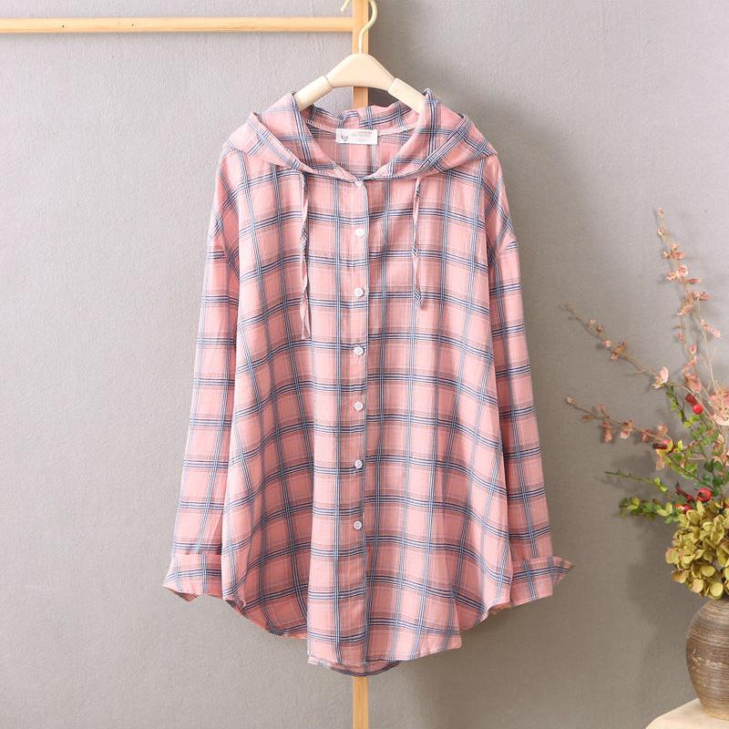 Рубашка для защиты от солнца, женская клетчатая рубашка с капюшоном и длинными рукавами, свободный топ, одежда для защиты от солнца, тонкое пальто, кардиган