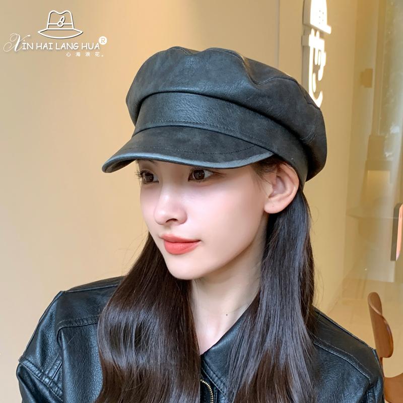 Показать маленькую темпераментную шапку из искусственной кожи, кепку для детей, осень и зима, новый ретро, литературный и универсальный, черный восьмиугольный берет