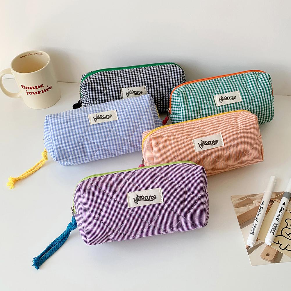 Large Capacity Plaid Cloth Pencil Case Korean Style Cloth Makeup Bag INS Style Student Stationery Storage Bag