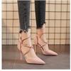 Женские сандалии 2024 года Высокие каблуки Замша Острый носок Перекрещенные Петля для пальца с ремешком Высокие каблуки