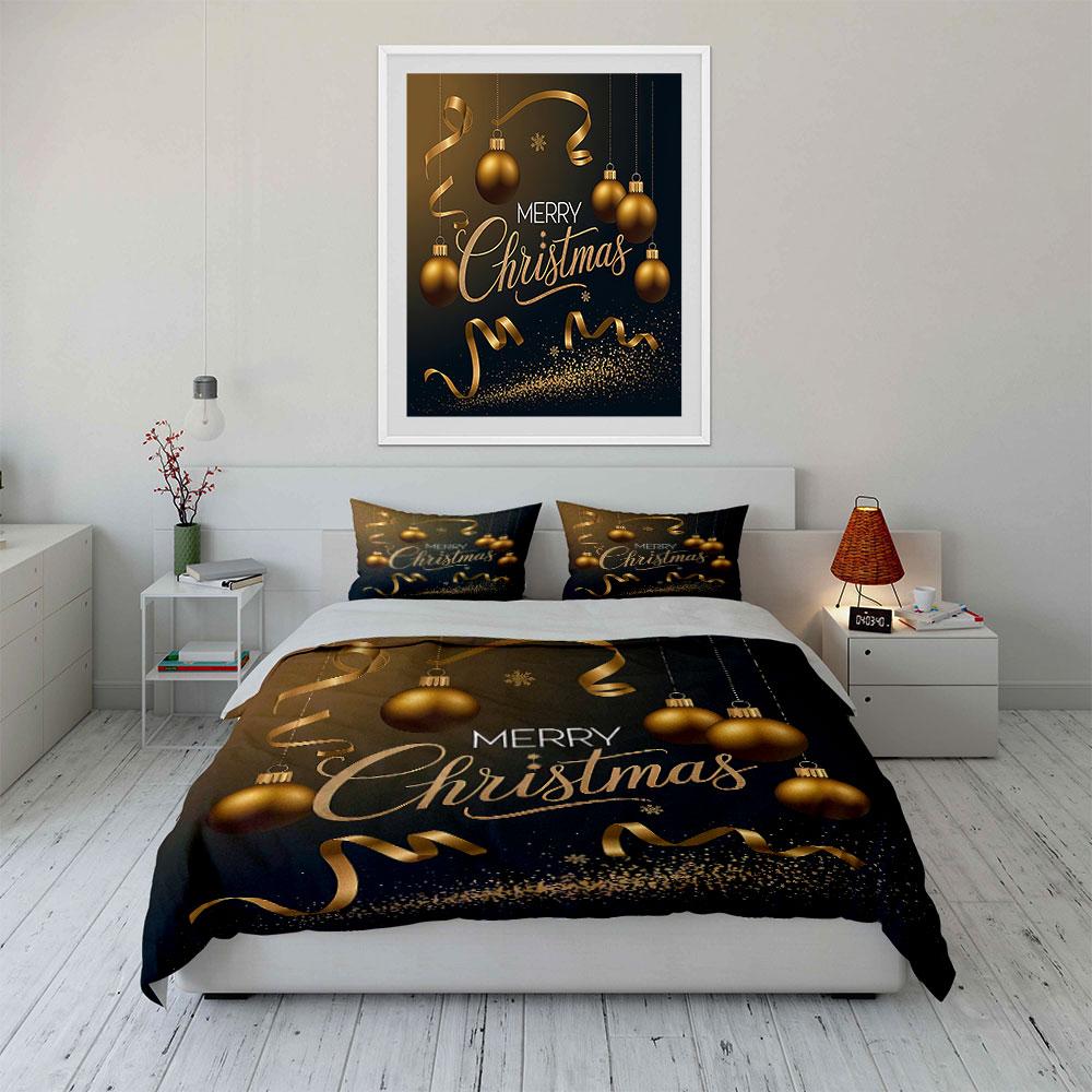 Golden Merry Christmas Decor Bedding Duvet Cover Set Duvet Cover Pillowcases (1*Duvet Cover 2*Pillowcases, without duvet insert)