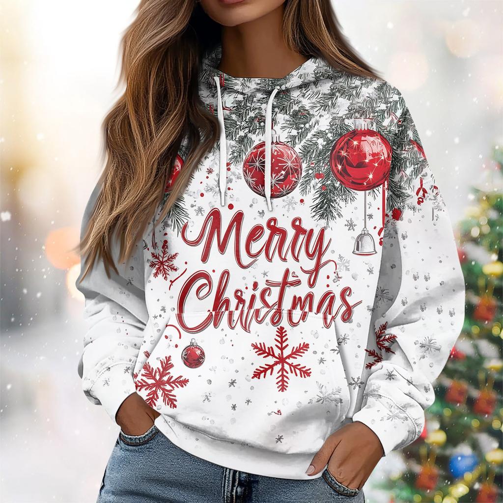 Женская повседневная свободная толстовка с капюшоном и длинным рукавом с рождественским принтом на завязках