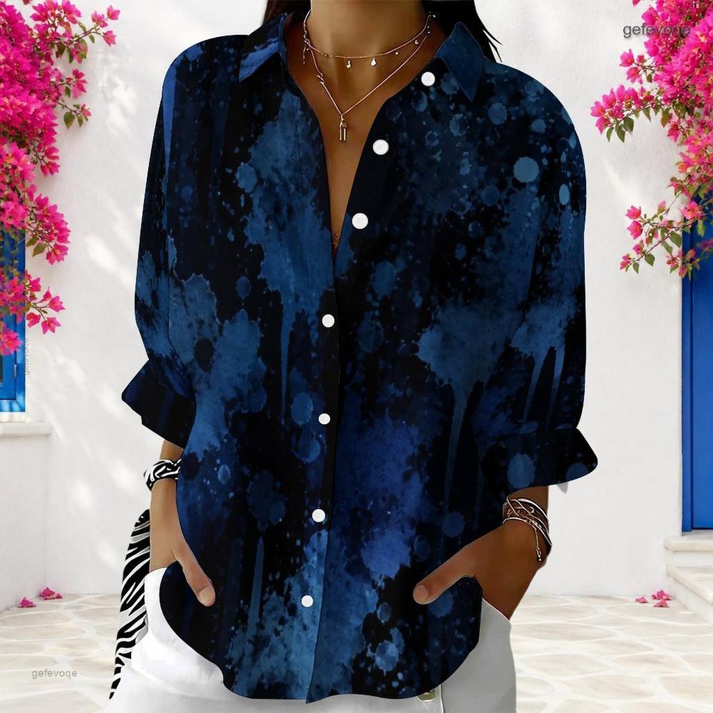 Women Plus Size Collared Long Sleeve Button Front Dark Blue Printed Shirt