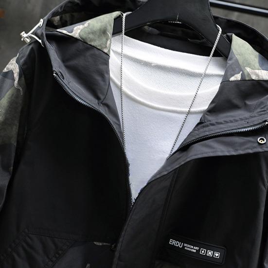Men Hoodie Jacket Camouflage Patchwork Loose Windbreaker Spring Autumn Washable Zipper Outwear Streetwear