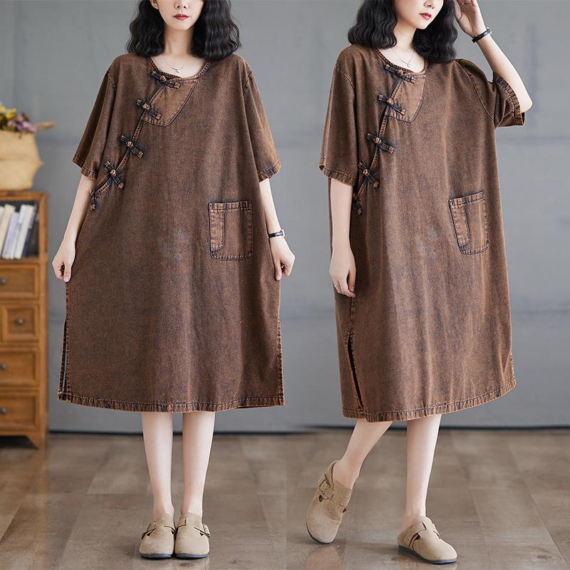 DIMANAF Женское 2025 Новое Летнее Джинсовое Платье Большого Размера Винтажное Элегантное Свободное Повседневное Базовое Платье Макси