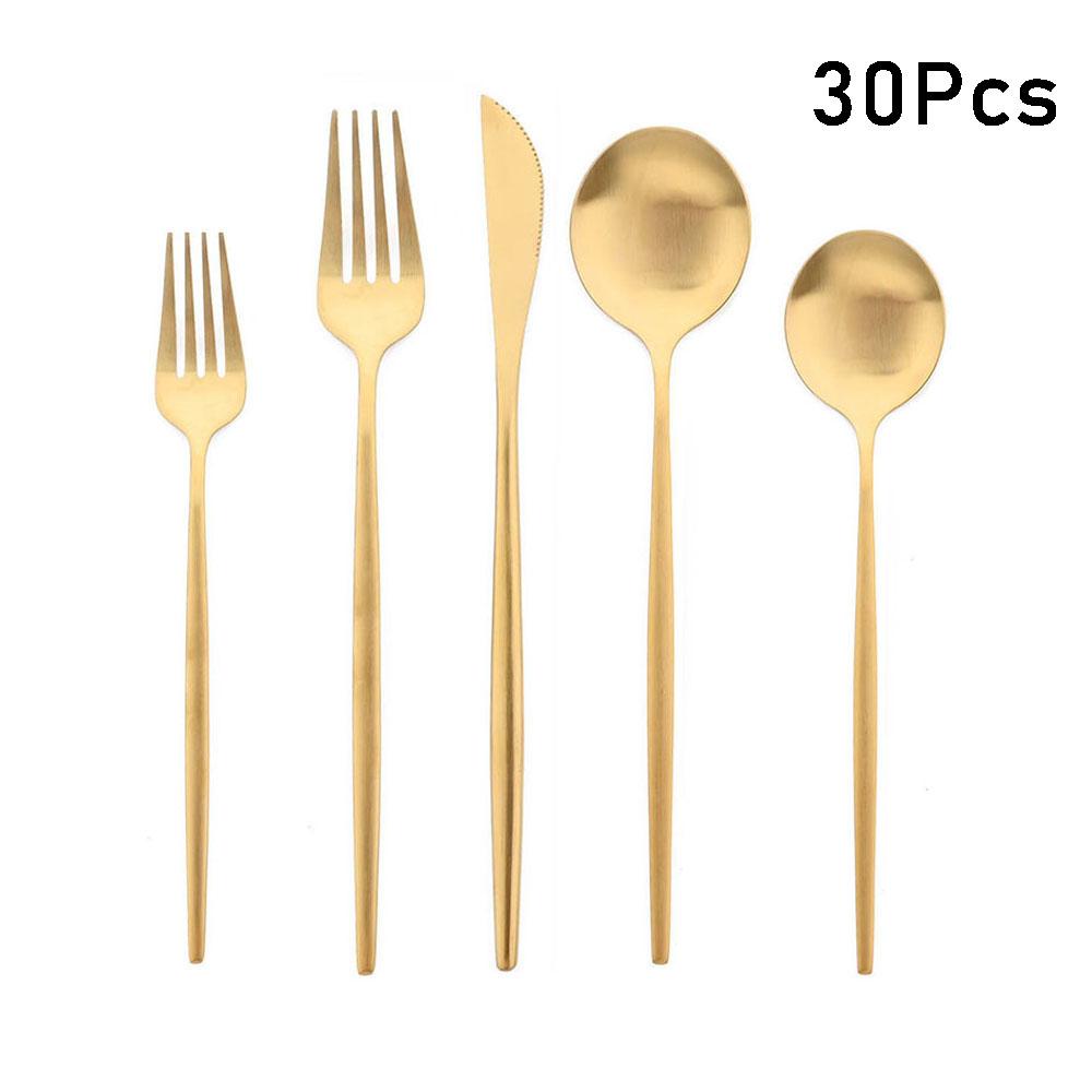 30/36Pcs Matte Gold Dinnerware Set Stainless Steel Knife Fork Spoon Dinner Cutlery Set Western Tableware Set Dessert Spoon