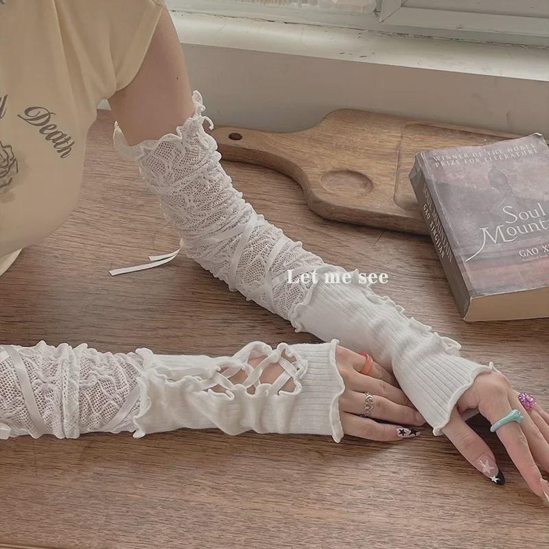 Новые кружевные солнцезащитные рукава с перекрестными бретелями в балетном стиле Y2K и перчатки JK