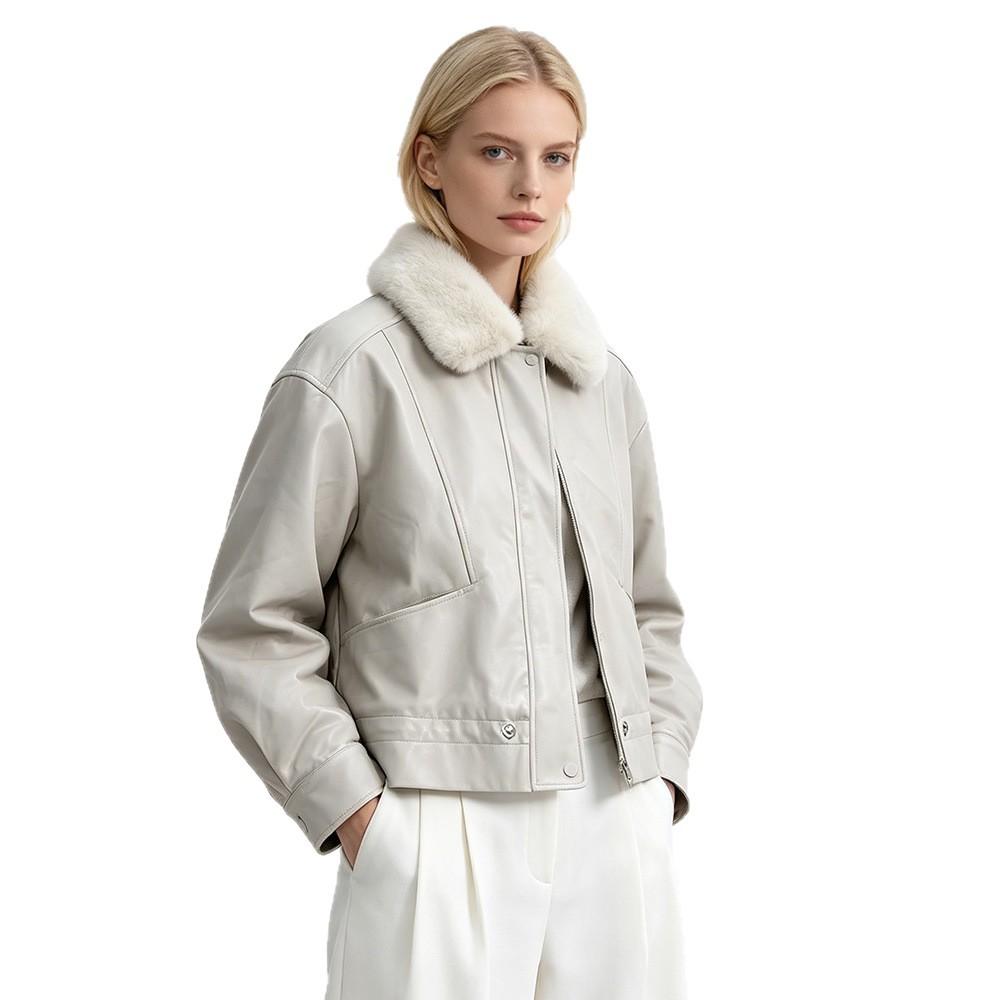 Minimalist autumn and winter wear with plush collar short fur integrated coat women's daily commuter leather jacket jacket