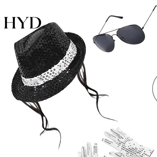 Black Fedora for Costume Pop Rockstar Set Adults, Sequins Hat, Glasses, Gloves, Halloween Accessories Microphone, Role Play Cosplay Party, Adult Star