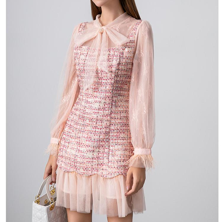 Осенне-зимние женские милые бабочки воротник перья рукава сетчатый пэчворк твидовые вечерние платья