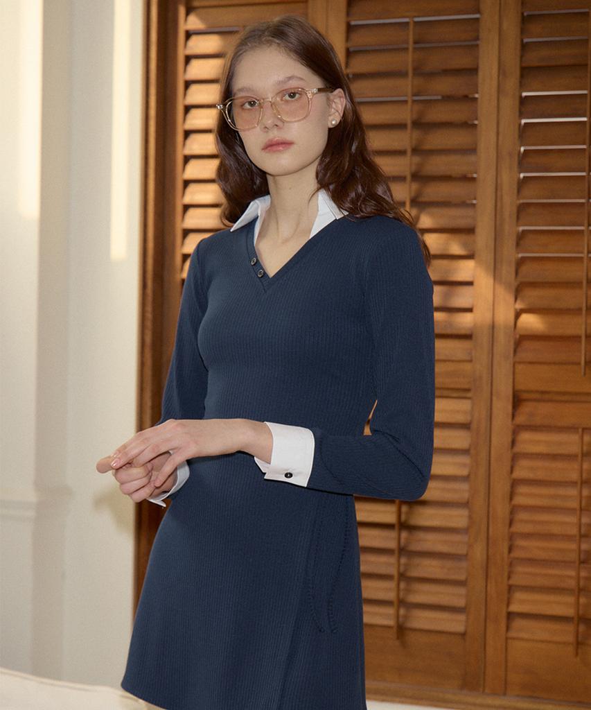 Salon De Yon Shirt Detail Jersey Dress_ Navy