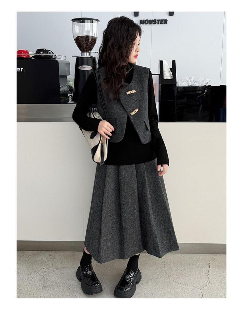 Стильный серый комплект из жилета и юбки для девочек на весну/осень 2025 года