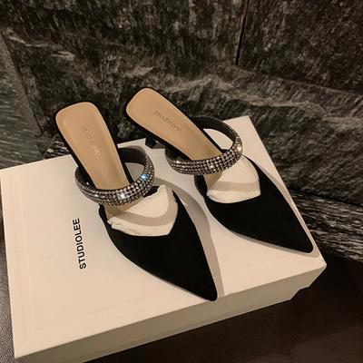 Сандалии на высоком каблуке с острым носком и стразами Grape Mom Same Word, черные сексуальные женские туфли Baotou Half Drag