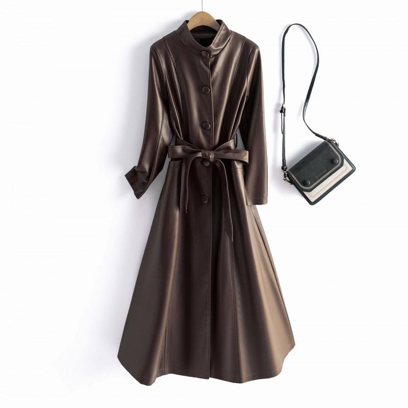 Womens Long Faux Leather Jacket Slim Fit Stand Collar Casual Outerwear
