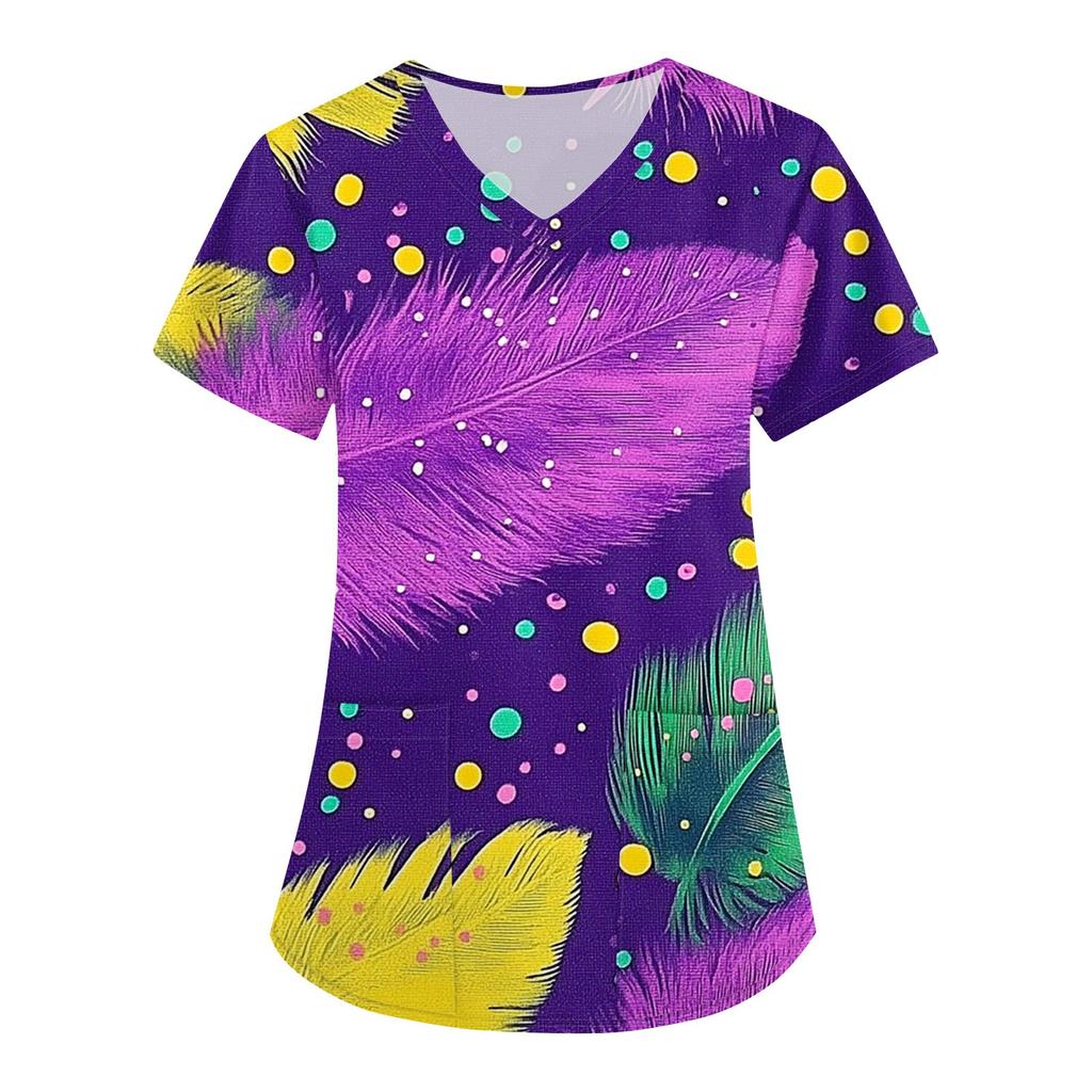 Женская карнавальная принтовая свободная униформа с V-образным вырезом и карманом с коротким рукавом