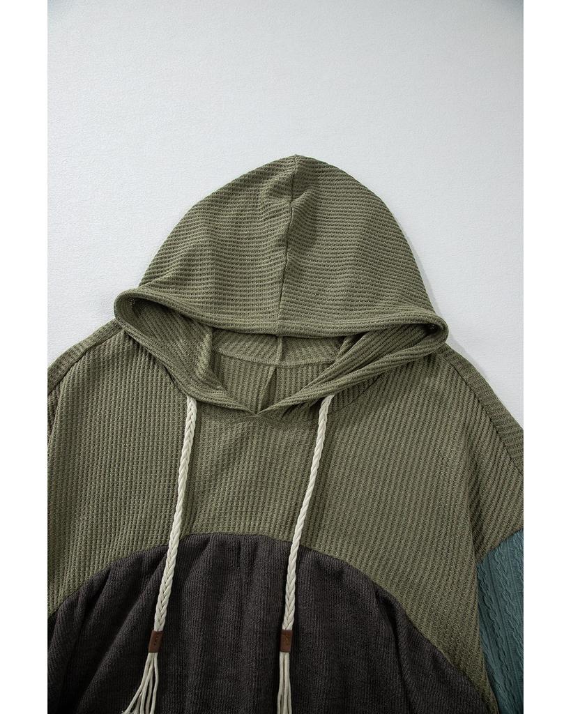 Azura Exchange Лаврово-зеленый смешанный текстурированный цветной пэчворк с широкими рукавами, потертостями, высоким и низким вырезом, капюшоном