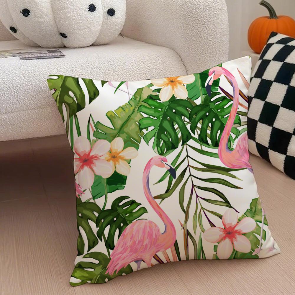 Forest Flamingo Palm Leaves Plant Pattern Art Cushion Cover Throw Pillow Cover Hidden Button Durable Polyester Chair Cushion