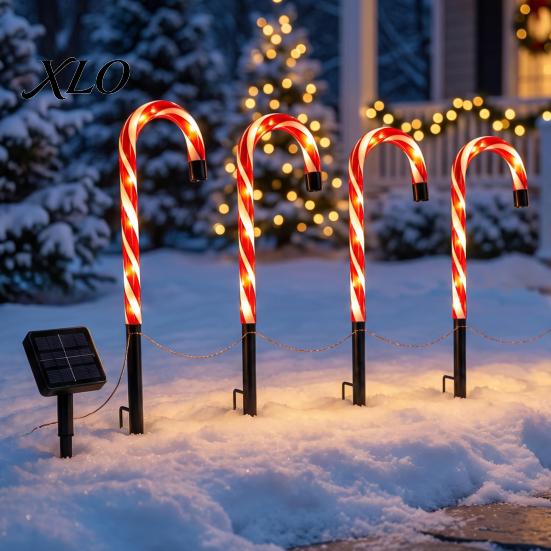 Solar Powered Candy Cane Lights 4Pcs Pathway Lights, Christmas Outdoor Stake Waterproof Weatherproof Winter Garden for Yard Lawn Patio Holiday