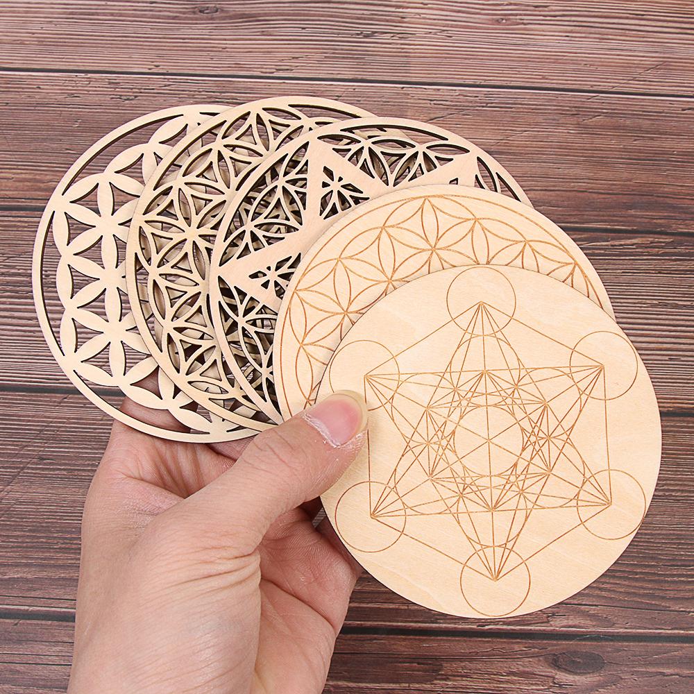 Collectibles Flower of life Decor Healing Circles Carved Round Edge Wood Chakra Pattern Coaster