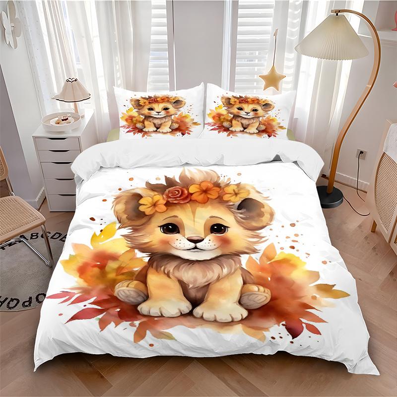 3pcs Lovely Little Lion Print Cover Set Ultra Soft, Breathable, and Comfortable Bedding with Stylish Design for Bedroom and Guest Room Decor 1 Co