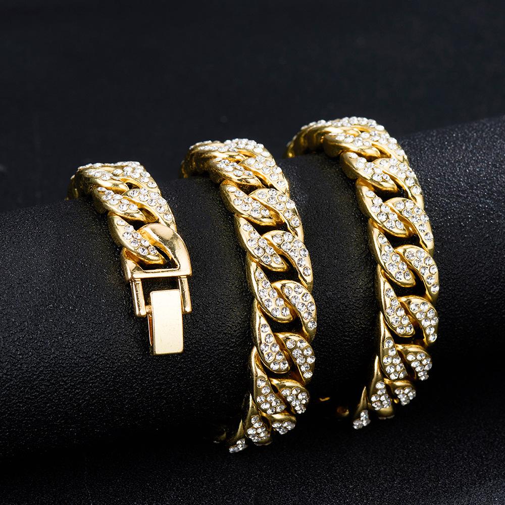 European and American Fashion Trend Hip Hop Hiphop Necklace 14mm Super Thick Zinc Alloy Rhinestone Necklace